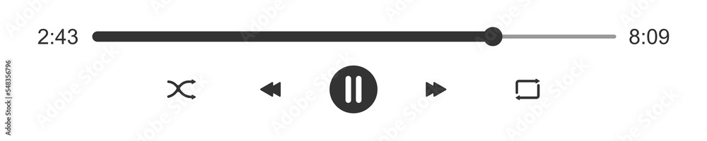 Media player loading bar with time slider, buttons pause, shuffle, repeat, rewind and fast forward. Elements of video or audio player playback panel interface. Vector graphic illustration
