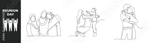 Continuous one line reunion day concept. Happy man, woman and boy hugging when they meet and group of hijab girl muslim. Single line draw design vector graph.