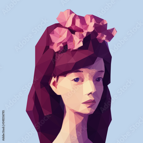 Lady wit flowers, Low poly spring, summer animated girl portrait , romantic, sensual girl with flowers in hair, feminine hairstyle, fashion floral graphic character