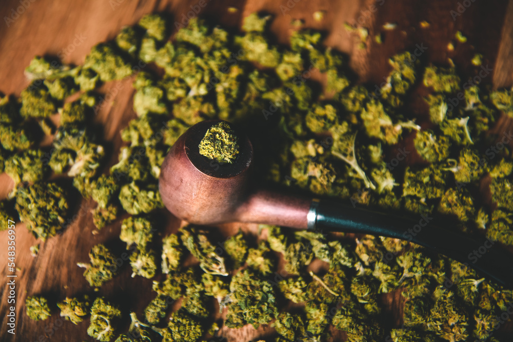 Wooden pipe for smoking marijuana on the table against the background of a buds of cbd sativa or indica tgk. Drugs and medicine. Wooden pipe for smoking marijuana on the table against the background of a buds of cbd sativa or indica tgk. Drugs and medicine.