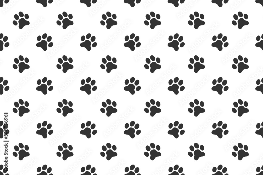 Pet paw print seamless pattern. Dog or cat footprint background. Scrapbooking or wrapping paper, fabric, begclothes design. Vector flat illustration.