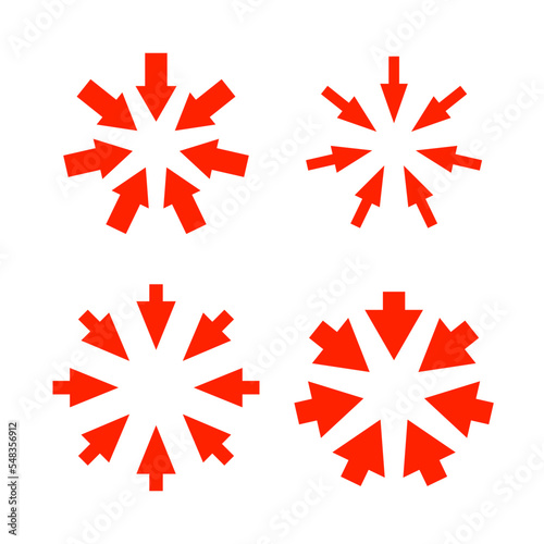 Red arrows pointing to center. Epicenter icons set. Inward arrows collection.