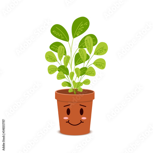 Cute plant character in pot. Happy blossom home flower isolated on white background. Vector cartoon illustration in childish style.