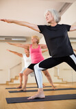 Mature women in sportswear exercising warrior II pose together during group yoga class.