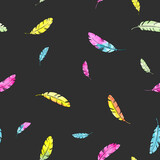 Watercolor painting little feathers - seamless pattern on dark gray color background	