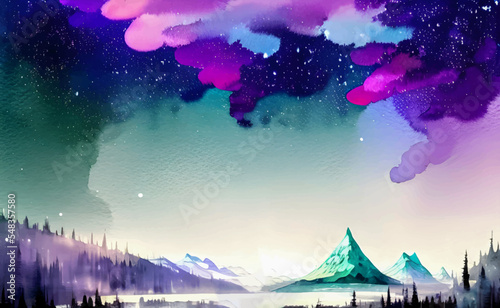 Vector Aurora Boreal, watercolor night abstract silhouette with  mountains, lake  and cosmic sky, constellation, Travel landscape  wallpaper with forest, fantasy adventure.