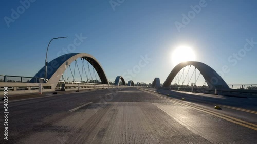 Early morning rear view drive across the new 6th Street Bridge near downtown Los Angeles in Southern California.