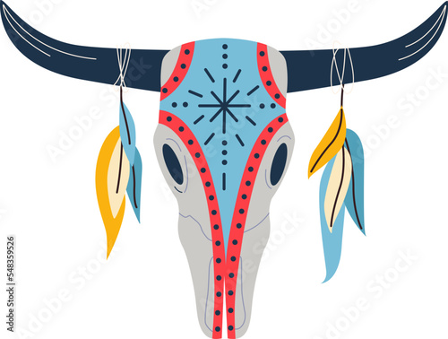 Skull with flower decoration vector illustration, mexican death symbol, isolated on white skeleton set with war bonnet, dead head with floral crown.