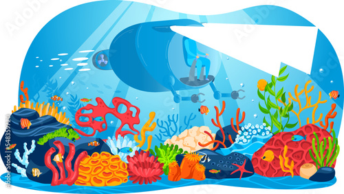 Underwater ship explorer ocean autonomous rov manipulators or robotic arms vector illustration. Modern remotely operated underwater vehicle. Fictitious subsea drone or robot for deep underwater