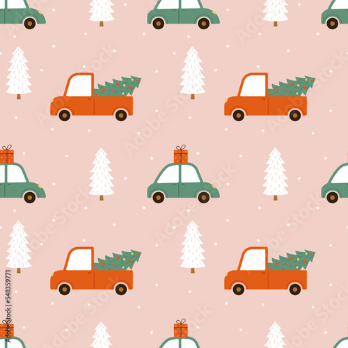 Christmas seamless pattern with cars, fir trees and gifts on a pink background.