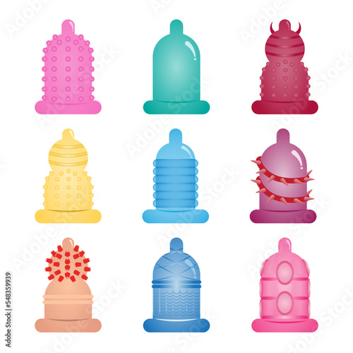 icon condom set. Contraception and safe love concept. types of condoms on white background. Vector, illustrator
