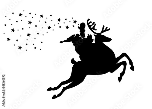 Santa Claus riding on reindeer and scatters Christmas stars. Vector silhouette on transparent background