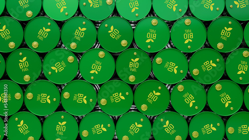 Tableau sur toile Wall of biofuel barrels or biodiesel drums