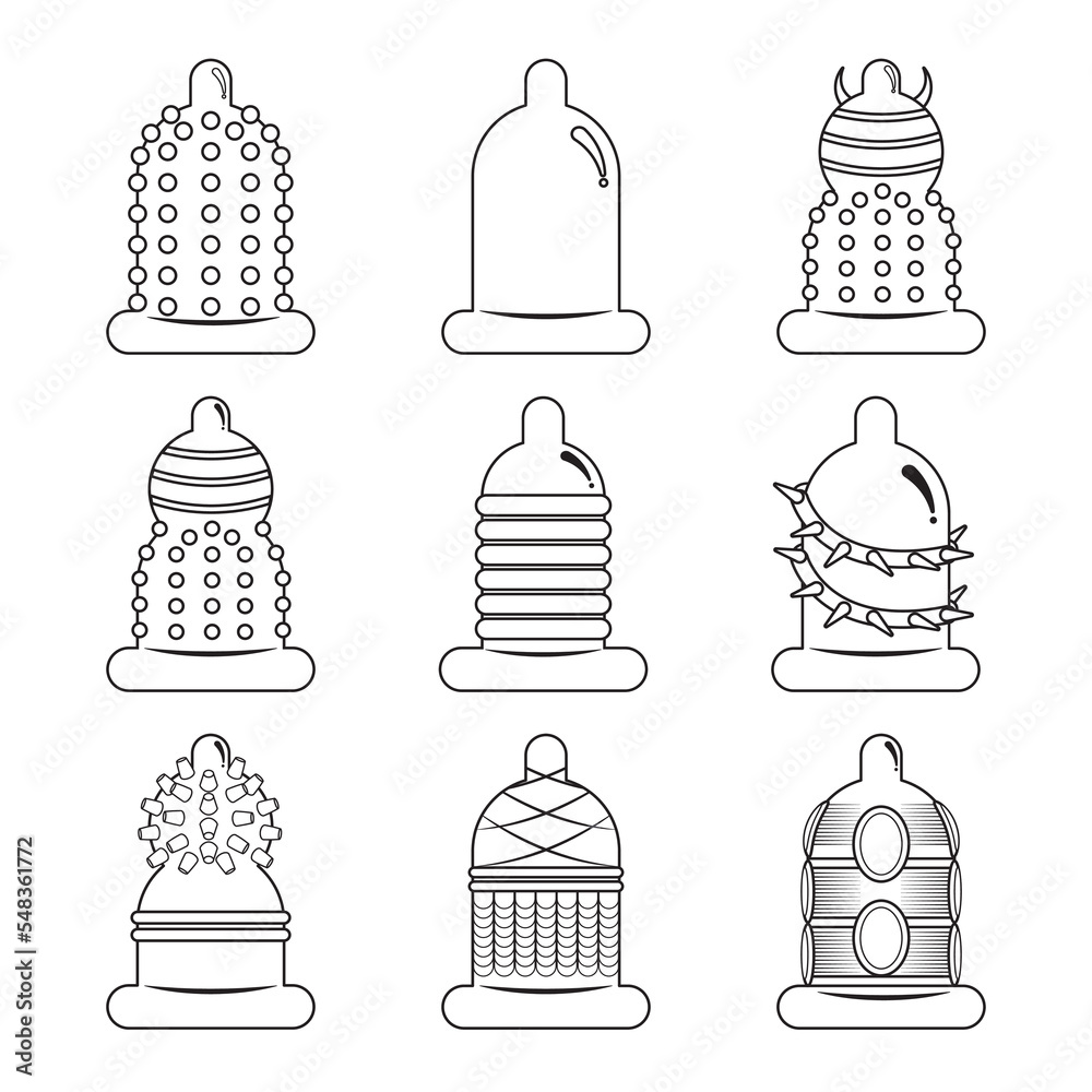 Outline icon condom set. Contraception and safe love concept. Different ...