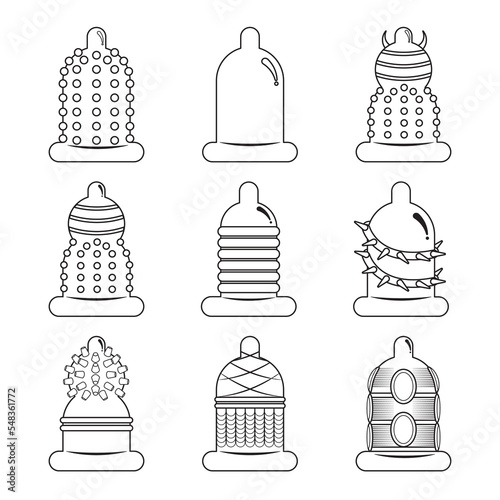 Outline icon condom set. Contraception and safe love concept. Different forms of condoms isolated on white background. Valentine day, World AIDS Day. thin line. Vector, illustrator