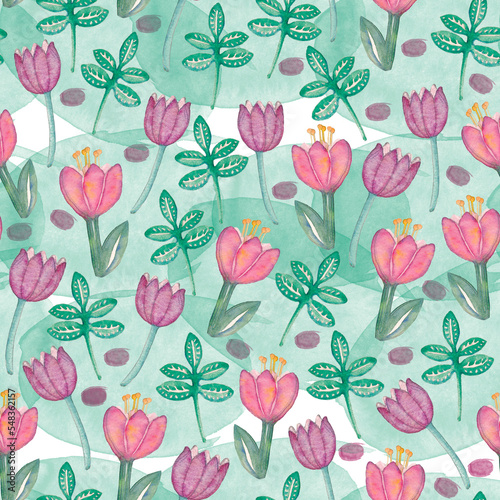 Watercolor folk flowers seamless pattern, wildflowers background, green leaves, ornamental backdrop