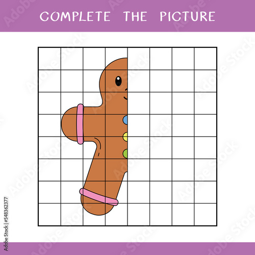 Complete the picture of cute gingerbread. Simple educational game for kids. Vector worksheet
