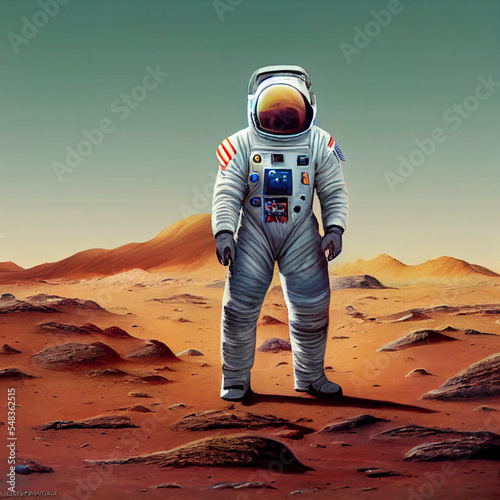 An astronaut stands on Mars. Exploration of neighboring planets.