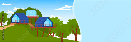 Modern building at camp set, vector illustration, architecture house design at forest landscape, glass real estate at stilts, web page collection.