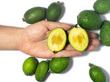 Feijoa fruits in the palm of your hand. On a white background. Healthy diet. Juicy green fruit. Vegan food. Raw food diet. Fruit with peel