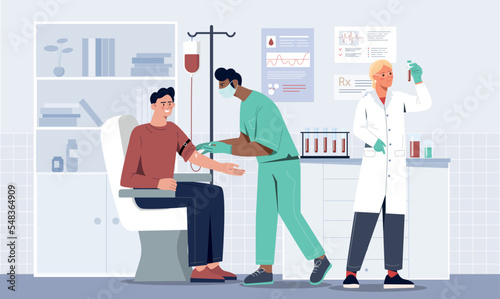 Blood donation concept. Man came to doctors, charity. Medical poster or banner for website. Analyzes and tests, regular health checks. Volunteer and activist. Cartoon flat vector illustration