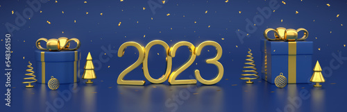 Happy New 2023 Year. 3D Golden metallic numbers 2023 with gift boxes, gold metallic cone shape pine, spruce trees, balls, confetti on blue background. Xmas banner, header, footer. Vector illustration.