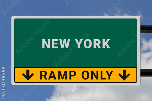 New York logo. New York lettering on a road sign. Signpost at entrance to New York, USA. Green pointer in American style. Road sign in the United States of America. Sky in background