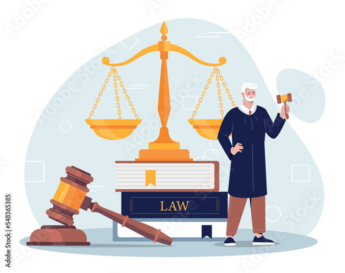 Concept of law. Man in robes of judge with gavel against background of gold scales. Poster or banner for website, legal assistance and support. Advice and assistance. Cartoon flat vector illustration