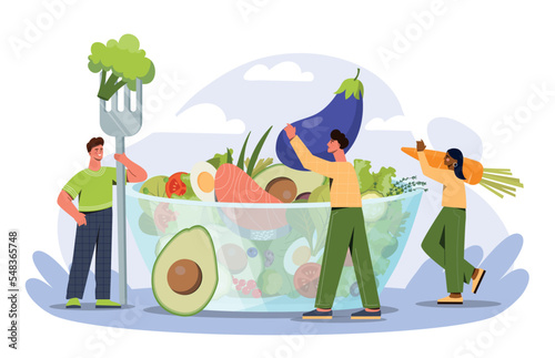 Fresh salad concept. Men and women with vegetables and fruits near big plate. Poster or banner for website  healthy food and active lifestyle. Proper nutrition. Cartoon flat vector illustration