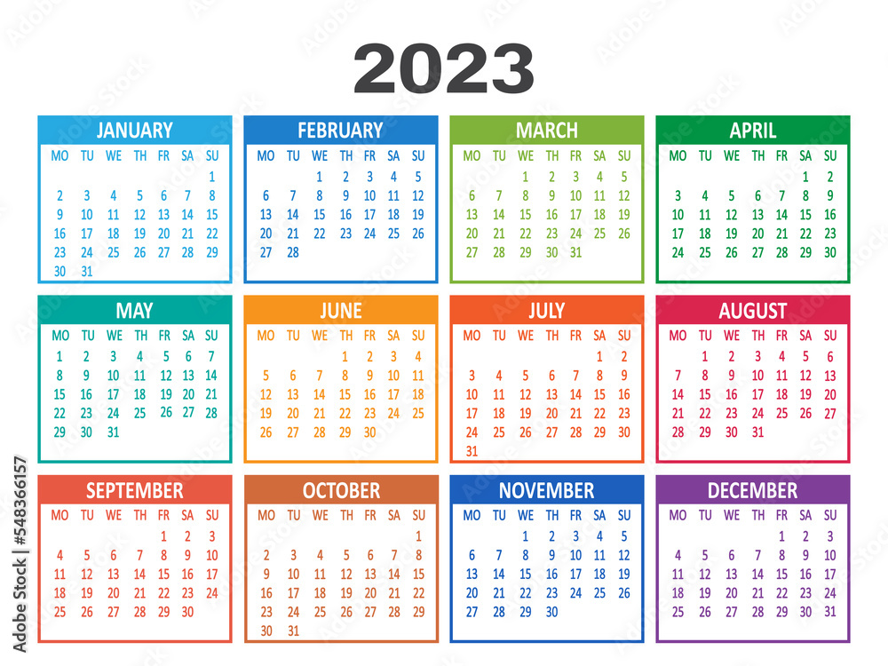 Calendar 2023 year vector template. Week starts on Monday. Abstract colorful illustration Calendar 2023 year vector template. Week starts on Monday. Abstract colorful illustration