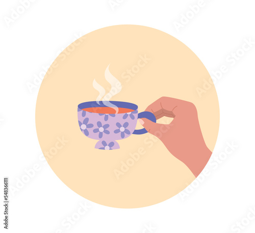 Hand holding cup. Sticker for social networks and instant messengers. Aesthetics and elegance. Character holding mug with mochachino or cappuccino, coffee or tea. Cartoon flat vector illustration photo