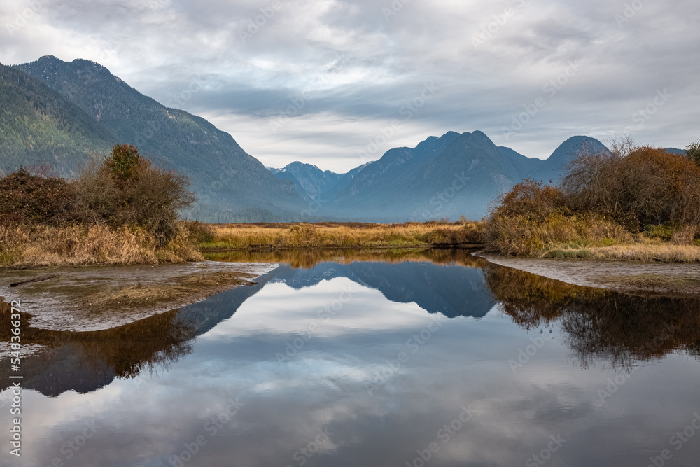 Beautiful autumn landscape of mountain lake with reflection.