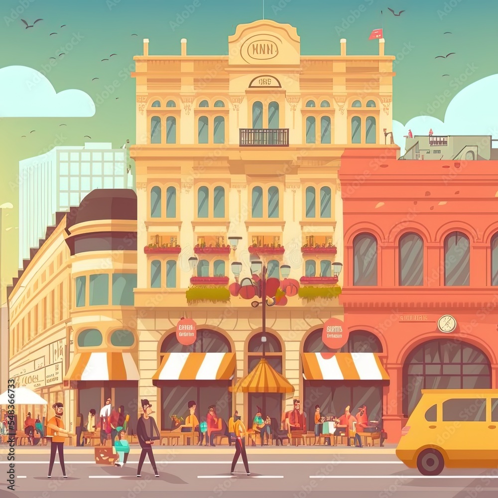 Colorful cityscape with restaurant and hotel buildings. people walking on town street. downtown urban area with commercial and residential architecture. 2d illustrated illustration in flat cartoon sty Colorful cityscape with restaurant and hotel buildings. people walking on town street. downtown urban area with commercial and residential architecture. 2d illustrated illustration in flat cartoon sty