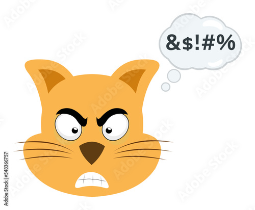 vector illustration of the face of a cartoon cat with an angry expression and a cloud of thought with an insult text