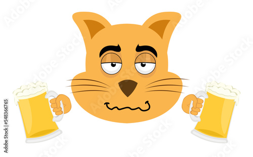 vector illustration of the face of a drunk cartoon cat with beers in his hands