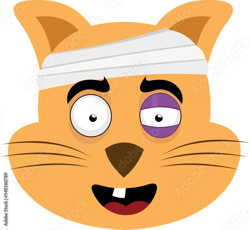 vector illustration of the face of a cartoon cat wounded and injured, with a black eye, a bandage on the head and a single tooth in the mouth