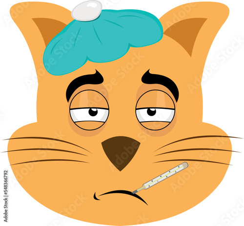 vector illustration of the face of a sick cartoon cat, with a thermometer in the mouth and a bag of water on the head