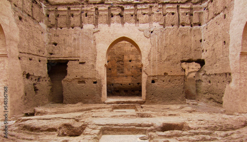 El Badi Palace, ruins in Marrakech, Morocco, with arched doorway and slight tilt photo