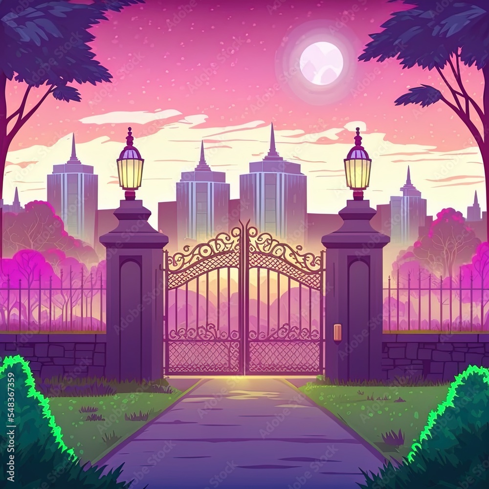 Early morning cityscape with stone gates, entrance to city garden or ...