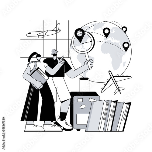 Educational tourism abstract concept vector illustration. International edu tourism, education abroad, entertaining studying, exchange student, vacation, group in airport abstract metaphor.