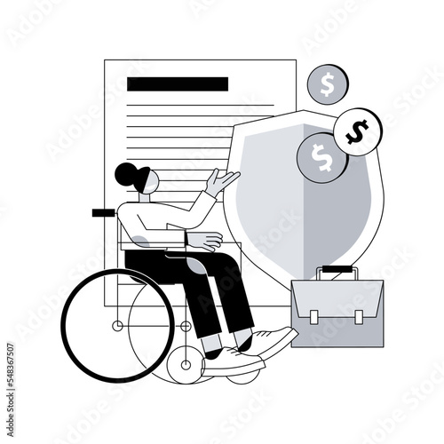 Disability insurance abstract concept vector illustration. Disability income insurance, wheelchair in hospital, patients broken leg, businessman with limited opportunities abstract metaphor.