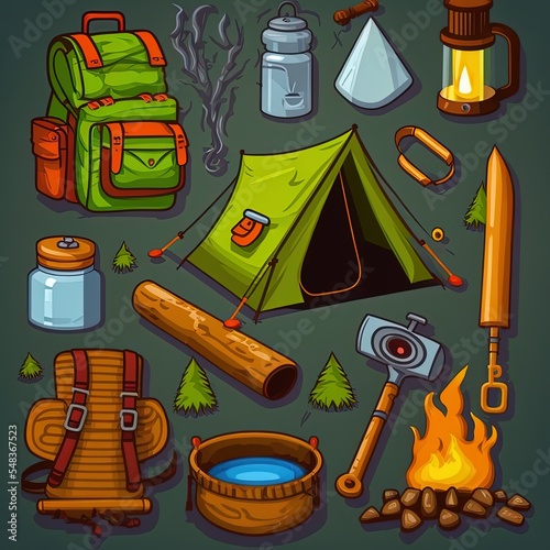 Camping elements, cartoon