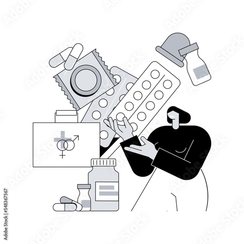 Birth control abstract concept vector illustration. Birth control pills, prevent pregnancy, emergency contraception methods, condom, pregnancy test, safe sex, gynecologist abstract metaphor.