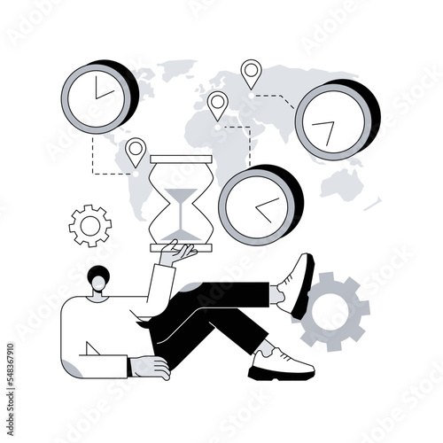 Time zones abstract concept vector illustration. Time standard, international business coordination, meeting management, utc converter, gmt, world clock calculator, jet lag abstract metaphor.