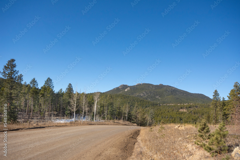 Dirt road through Colorado foothills in autumn with evergreen and bare trees 