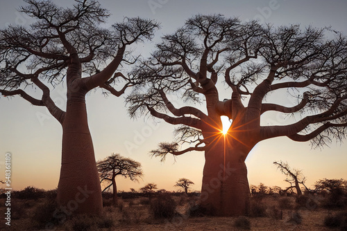 Fotobehang African baobabs in the savannah at sunrise