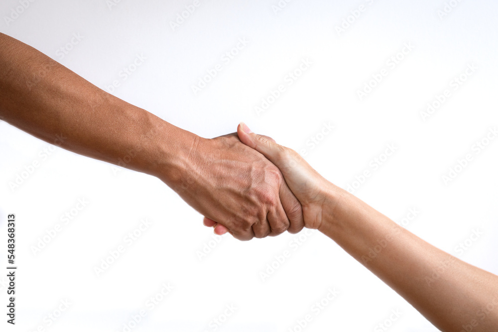 Hand reaching down to another hand, helping concept. Isolated, on white background.
