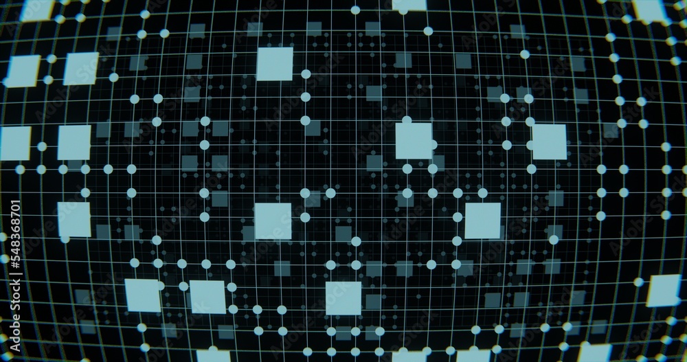 Fototapeta premium abstract background using neon blue squares and circles, lens distortion due to projection, 3d rendering, and 4K size