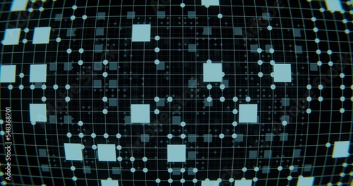 abstract background using neon blue squares and circles, lens distortion due to projection, 3d rendering, and 4K size