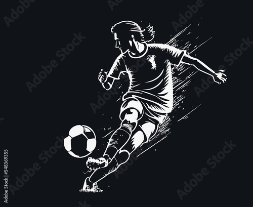 Soccer Player Kicking Ball Vector Illustration. Football Player Sketch Style Design.
